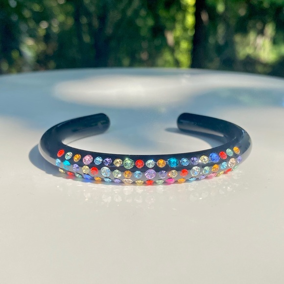 Black Acrylic Cuff Bracelet For Women With Mixed Swarovski Crystals by Lara Glam - Picture 3 of 13